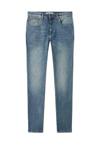 Modri kavbojski jeans z ožjim krojem, petimi žepi, z rahlim bledljenjem in svetlimi učinki drgnjenja na stegenih in kolenih.