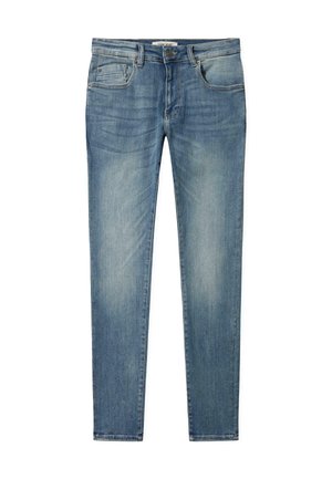 Siniset farkut, joissa on kapeneva malli, viisi taskua, hieno haalistuma ja kevyet kulutused vaikutukset reiden ja polvien alueella.