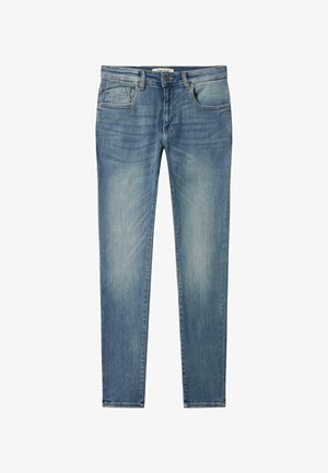Blå denim jeans med tætsiddende pasform, fem lommer, subtil falming og let væskende effekter langs lår og knæ.