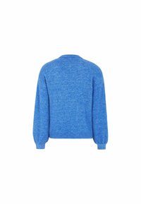 Blauwe gebreide trui, met een ronde halslijn, pofmouwen en een zachte textuur. De achterkant toont een gladde, effen kleur ontwerp.