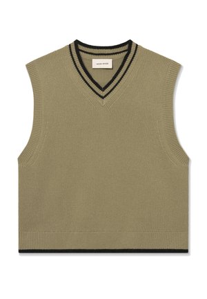 Pulover fără mâneci, cu decolteu în V, din tricot ribificat de culoare verde măslin, având detalii cu dungi negre la guler și la marginea de jos.