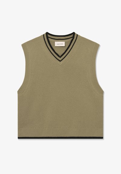 Suéter sin mangas de punto acanalado en verde oliva, con acentos de rayas negras en el collar y el dobladillo inferior.