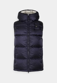 Dunkelmarineblaues gepolstertes, ärmelloses Vest mit hohem Kragen und Frontreißverschluss, gestepptem Design und kleinem Logopatch auf der oberen Brust.