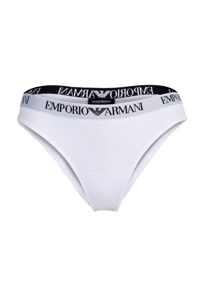 Bikini en coton blanc avec une ceinture élastique noire et grise portant le logo "Emporio Armani". Texture lisse et design taille basse.