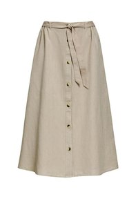 Beige Leinen-Midi-Rock mit gebundenem Bund, Knopfverschluss vorne und subtiler Textur. Verfügt über sieben metallische Knöpfe an der Vorderseite.