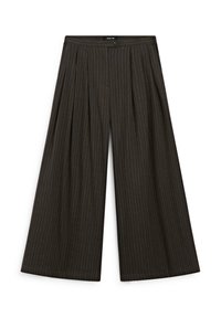 Pantalons larges en gris foncé avec des rayures discrètes. Comprend des plis à la taille, une fermeture à bouton et une texture de tissu lisse.