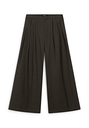 Weite Stoffhose in Dunkelgrau mit dezenten Nadelstreifen. Merkmale sind Falten an der Taille, ein Knopfverschluss und eine glatte Stoffoberfläche.