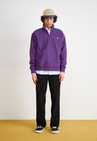 Lilla zip-up sweatshirt med et lille logo, parret med en stribet skjorte, sorte bukser og sorte sneakers. Beige og grøn cap bæres.
