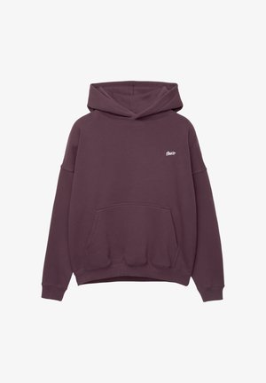 Lila Kapuzenpullover mit einer Fronttasche, überschnittenen Schultern und einem kleinen weißen Logo auf der Brust. Weicher Stoff mit einer lockeren Passform.