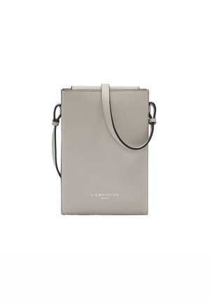 Gray rectangular leather crossbody bag with a flat design, sleek strap, embossed logo, and stitched edges. Minimalist style with no additional accents.