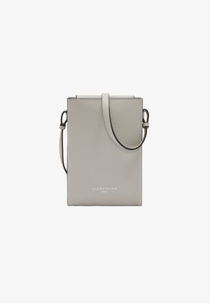 Gray rectangular leather crossbody bag with a flat design, sleek strap, embossed logo, and stitched edges. Minimalist style with no additional accents.