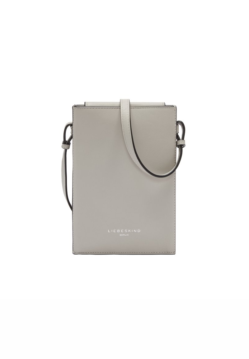 Gray rectangular leather crossbody bag with a flat design, sleek strap, embossed logo, and stitched edges. Minimalist style with no additional accents.