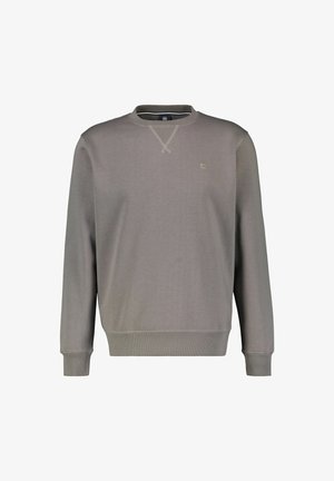 Grau Sweatshirt aus weichem Stoff, mit rundem Hals, gerippten Bündchen und Saum. Es verfügt über ein dezentes Logo auf der Brust und strukturierte Nähdetails.