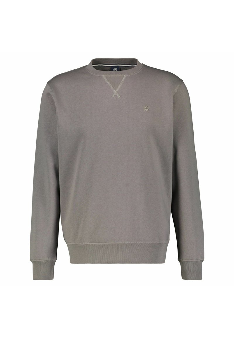 Sudadera gris hecha de una tela suave, con cuello redondo, puños y dobladillo acanalados. Tiene un logo sutil en el pecho y detalles de costura texturizada.