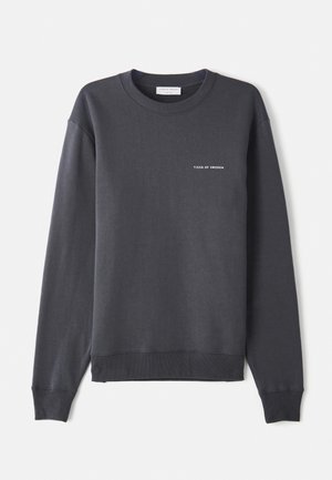 Mørkegrå sweatshirt lavet af blødt stof, med lange ærmer, en rund halsudskæring og et lille hvidt logo på brystet.