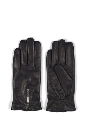 Black leather gloves with a smooth texture, featuring a zip closure on the wrist and four knuckle sections for flexibility and comfort.