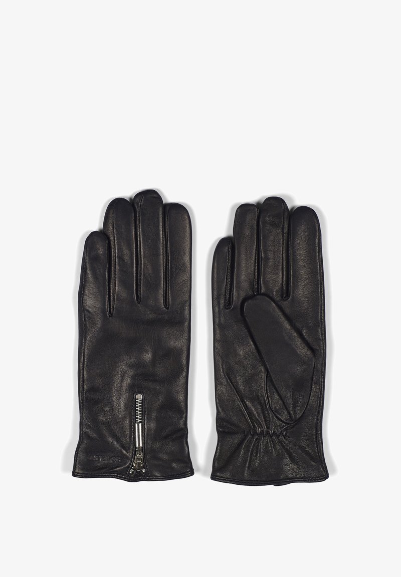 Black leather gloves with a smooth texture, featuring a zip closure on the wrist and four knuckle sections for flexibility and comfort.