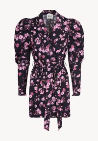 Zwarte bloemen jurk met roze bloemen, gepofte schouders, lange mouwen, dubbelzijdige knopen en een tailleband van BIZUU.