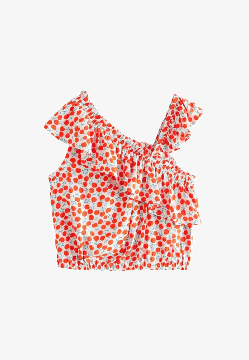 Punane ja sinine täpikate kaherealine lühike topp, millel on volangidega õlgu katvad varrukad, elastne äär ja kerge kangas.