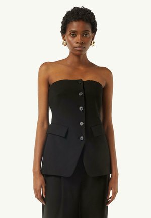Black strapless top with a tailored design, featuring five buttons down the front and two side pockets. Smooth fabric texture.