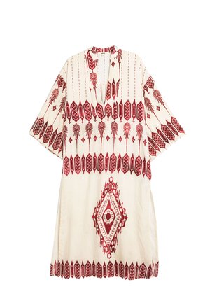 Weißes Kurzarm-Tunika mit roter geometrischer und floralem Stickerei, ausgestattet mit einem Ausschnitt und seitlichen Schlitzen für bessere Bewegungsfreiheit.