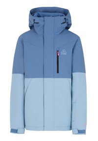 Giacca da sci blu e azzurra con cappuccio, dotata di una tasca sul petto con zip, polsini regolabili e un logo sulla parte superiore sinistra.