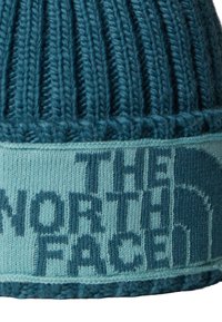 Cappello lavorato a maglia di colore blu teal con una texture a coste. Presenta una fascia blu chiaro con il logo "THE NORTH FACE" in blu scuro.