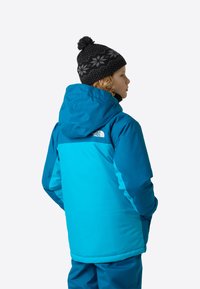 Geacă matlasată cu blocuri de culoare albastru și aqua, cu glugă și logo The North Face pe spate. Pălărie neagră cu model de fulg de nea în partea de sus.