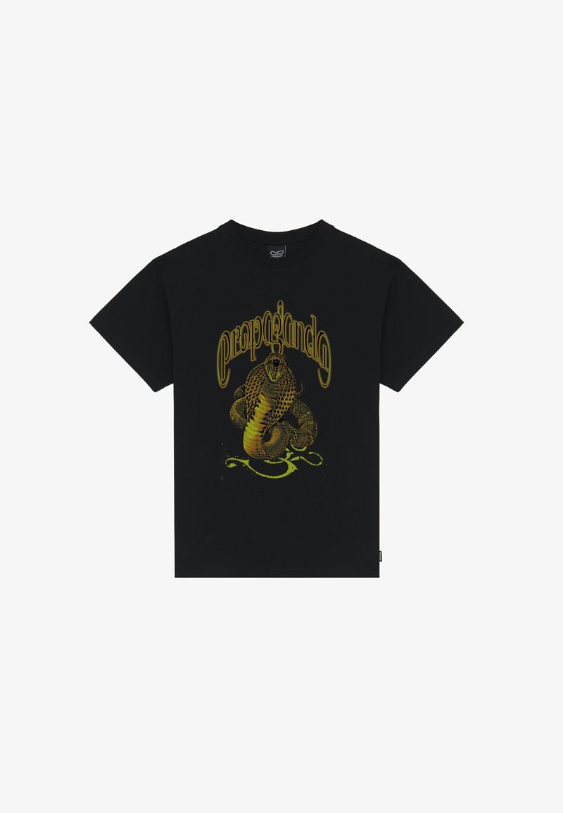 T-shirt in cotone nero con maniche corte, con una grafica di un serpente giallo e un design testuale sul davanti. Stile classico a girocollo.