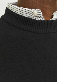 Schwarzer Strickpullover mit ribbeligem Rundhalsausschnitt, über einem weißen Hemd mit Kragen, das dünne marineblaue Streifen hat. Die Struktur des Gewebes ist sichtbar.