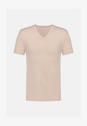T-shirt beige in cotone con scollatura a V e maniche corte, caratterizzata da una texture liscia e una vestibilità classica. Design semplice senza motivi o accenti.
