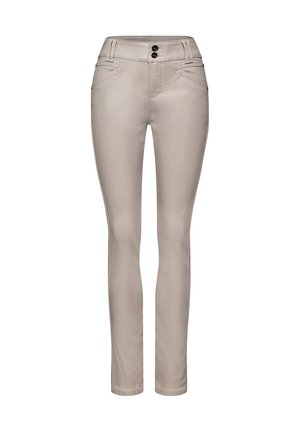 Beżowe spodnie o dopasowanym kroju, z szlufkami na pasek, dwoma przednimi kieszeniami oraz podwójnym zapięciem na guziki w pasie.