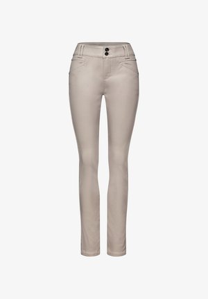 Beige slim-fit broek met riemlussen, twee voorzakken en dubbele knoopsluiting aan de taille.