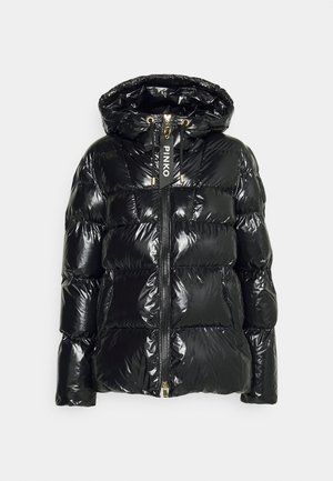 Czarna kurtka puchowa o błyszczącej, pikowanej strukturze. Posiada kaptur, zamek błyskawiczny z przodu oraz złote akcenty. Gładka tekstura i puchowy fason.