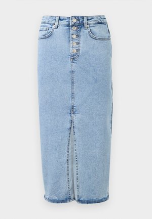Lyseblå denim midi nederdel med knaplukning foran, frontslids, bæltestropper og to forlommer.