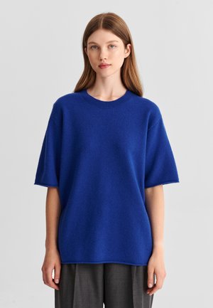 Jeune femme aux longs cheveux raides portant un pull uni bleu roi à manches courtes et un pantalon gris sur un fond clair.