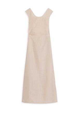 Robe sans manches beige avec un décolleté large, coupe droite et texture lisse. Design simple et minimal sans motifs ni embellissements.