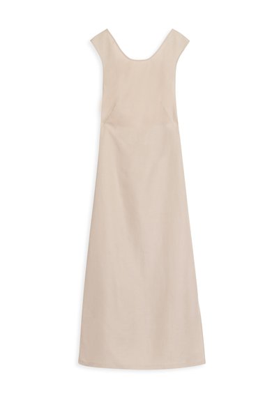 Abito beige senza maniche con scollatura ampia, taglio dritto e una consistenza liscia. Design semplice e minimale, senza motivi né abbellimenti.
