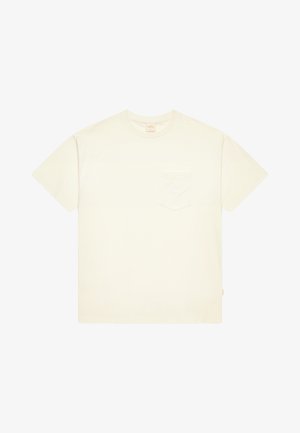 Crème katoenen T-shirt met korte mouwen, ronde hals en een borstzak met een subtiel logo. Soepele textuur en een ontspannen pasvorm.