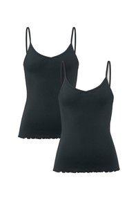 Camisole nera con spalline regolabili, scollatura a V, design aderente e orlo scallop. Mostrati due pezzi.