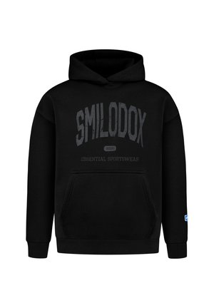 Black hoodie with front pocket, featuring "SMILODOX 2013 ESSENTIAL SPORTSWEAR" printed in grey on the chest.