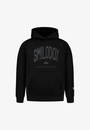 Black hoodie with front pocket, featuring "SMILODOX 2013 ESSENTIAL SPORTSWEAR" printed in grey on the chest.