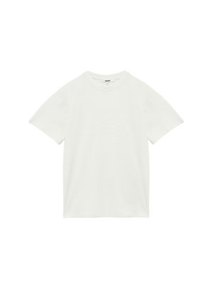 T-shirt en coton blanc avec un col rond, des manches courtes et une coupe décontractée. Texture lisse et design minimaliste sans motifs visibles.