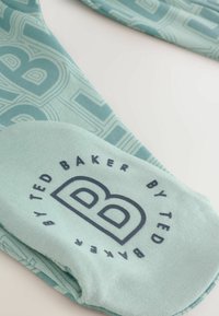 Türkiissinine kangas, millel on suured trükitud "B" tähed. Kaasa tuleb ümmargune silt, millel on tume sinine tekst "by Ted Baker".