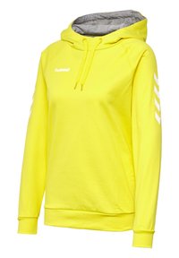 Yellow hooded sweatshirt made of cotton with a gray inner lining. Features a kangaroo pocket and white branding on the chest and sleeves.