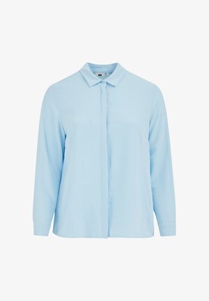 Lichtblauw overhemd met lange mouwen en een button-down kraag, voorzien van gestructureerde patronen en een rechte snit. Eenvoudig en veelzijdig ontwerp.