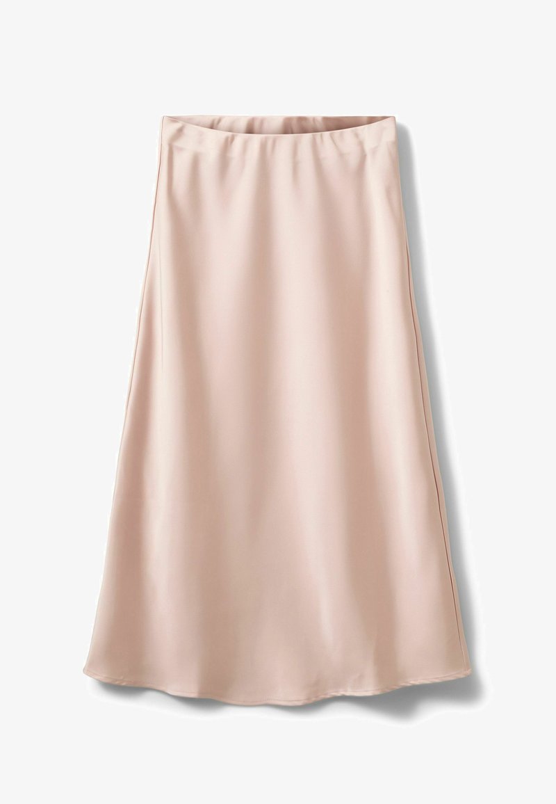 Jupe midi trapèze en tissu doux couleur blush, texture lisse, taille sans attaches visibles. Longueur jusqu'au sol avec un tombé fluide.