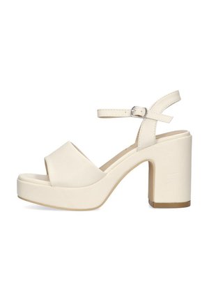Sandalias de plataforma de punta abierta, hechas de material sintético color crema. Con una tira ancha, tira de tobillo con hebilla y un tacón grueso.