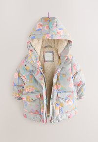 Veste d'hiver à capuche pour tout-petit avec motif pastel d'animaux et de fleurs, poches avant, fermeture éclair et boutons-pression, doublure polaire.