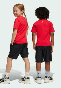 Červené trička, krátké rukávy, se znakem na zadní straně. Černé cargo šortky s kapsami. Bílo-černé tenisky s barevnými ponožkami.